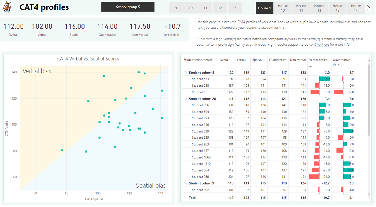 The CAT4 profiles page highlights whether pupils have a verbal or spatial bias and the degree to which they have a verbal or quantitative deficit.